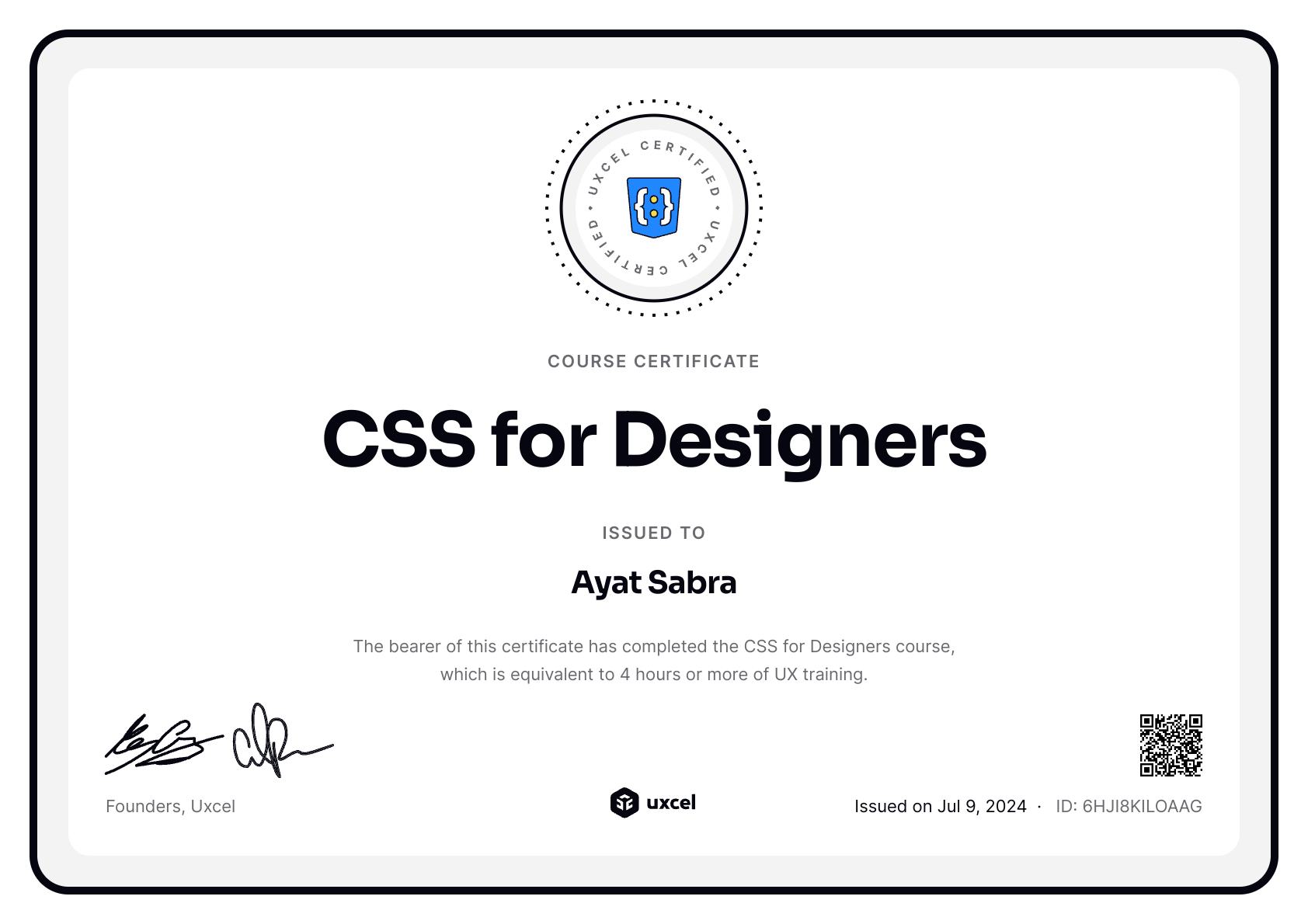 Ayat Sabra's certificate